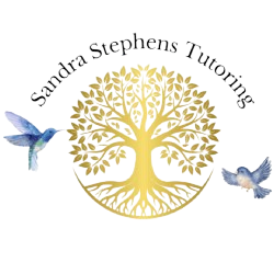 A logo for Sandra Stephens Tutoring showing a gold tree and two birds, representing communication skills.